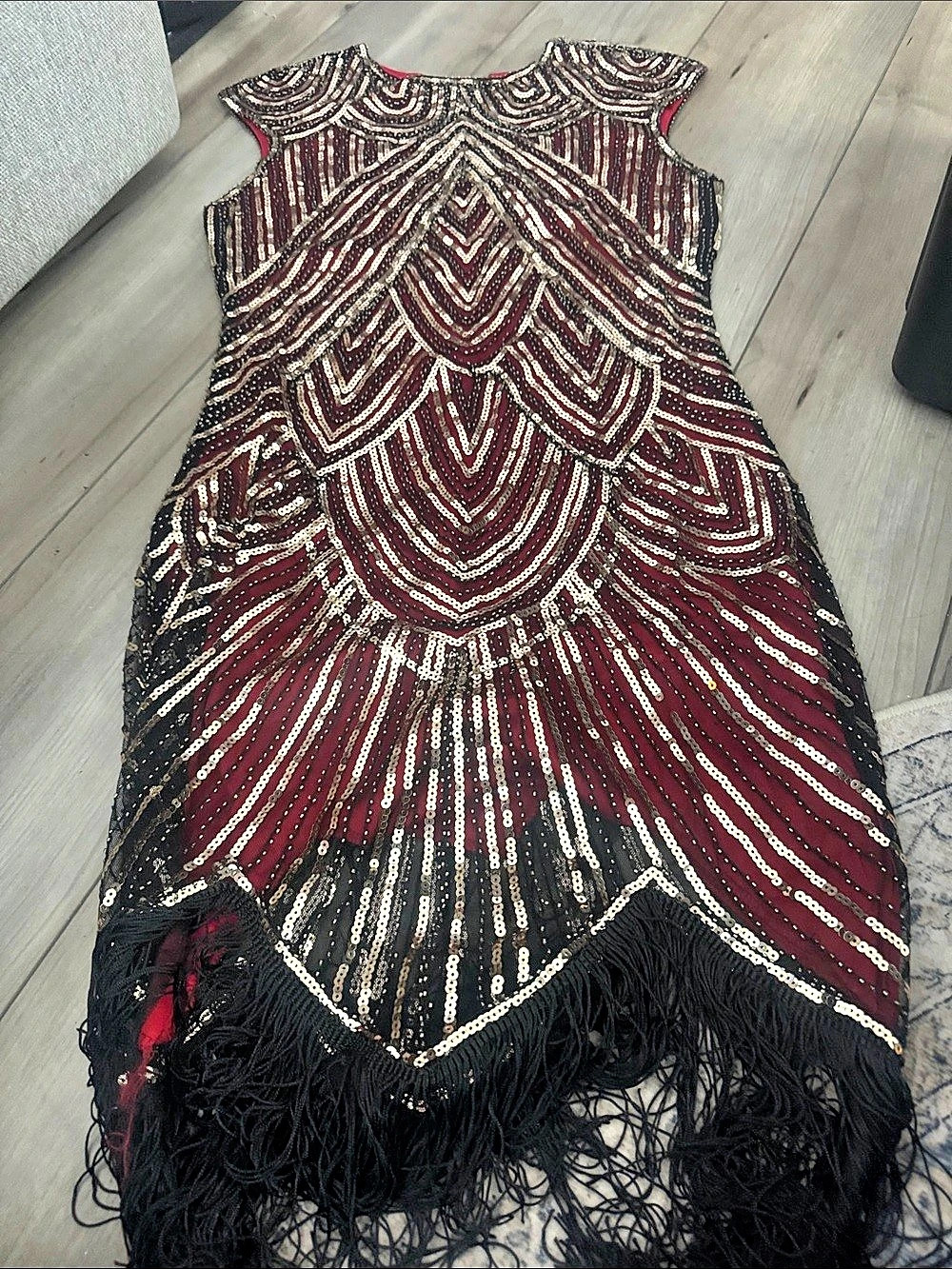 1920s dress Sequin Fringe Mini Dress in Burgundy & Black Like New